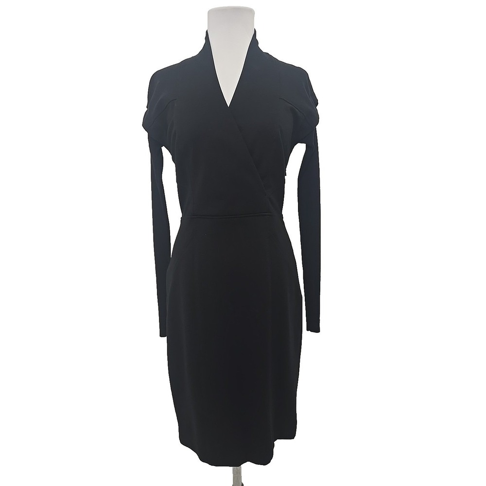 ETCETERA Size 2 Dress Black Ponte Knit Ribbed Sweater Sleeve V-neck Side Zipper